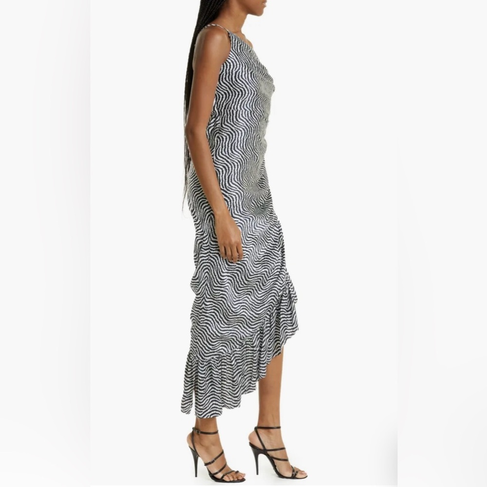 Cinq A Sept One Shoulder Asymmetric Ruffle Hem Silk Dress Size 2 Navy/Ivory NWT - Picture 3 of 12